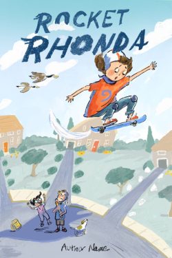 girl flying through air on motorized skateboard in suburban setting as friends look on. middle grade novel cover by vicky rubin