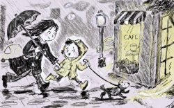 a woman and little girl walk to a cafe in the rain in a limited palette, almost monochromatic picture book double spread illustration.