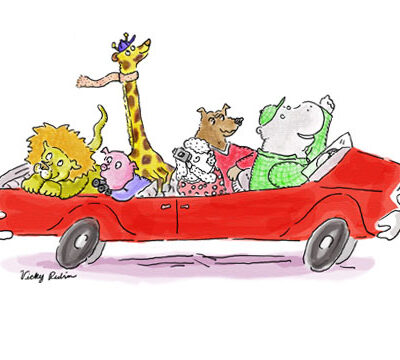 animals riding in a red car take a tour.